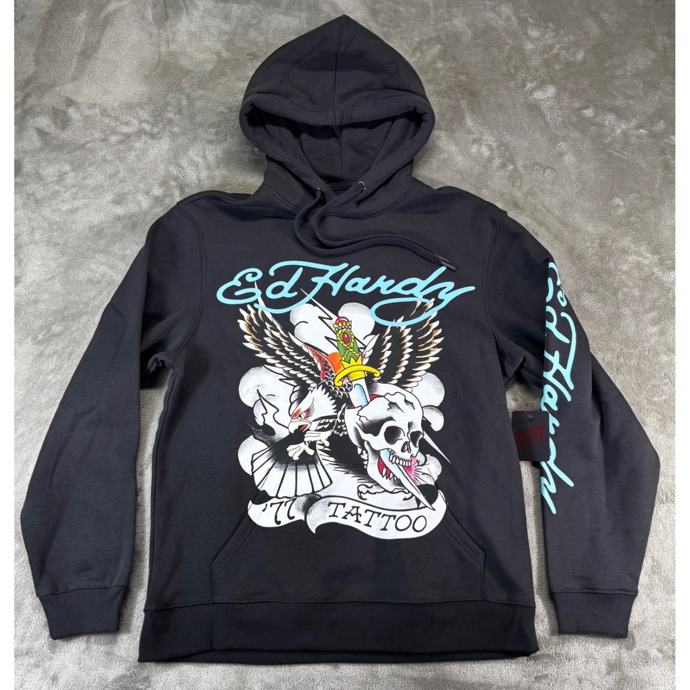 NEW Ed Hardy Hoodie Mens Medium Dark Grey New‎ Tattoo Eagle Skull EEHM1300-2
